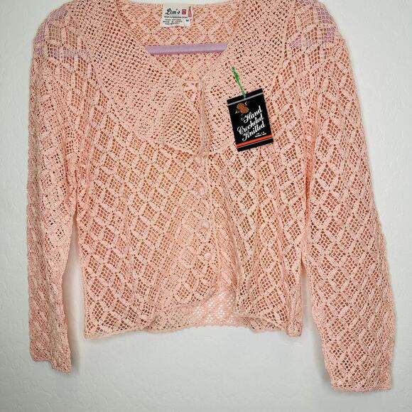 Lim's Vintage Hand Crocheted Cotton Button Down Cardigan Sweater Salmon Pink Med - Picture 3 of 5
